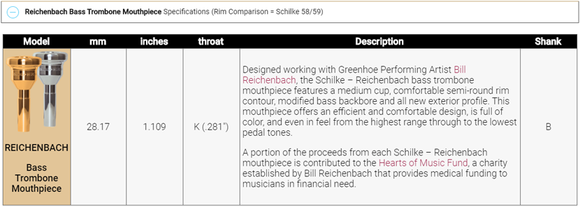Schilke Bill Reichenbach Bass Trombone Mouthpiece