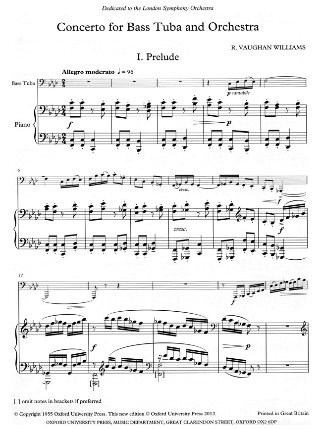 Vaughan Williams Concerto for Bass Tuba and Orchestra (Tuba and Piano)