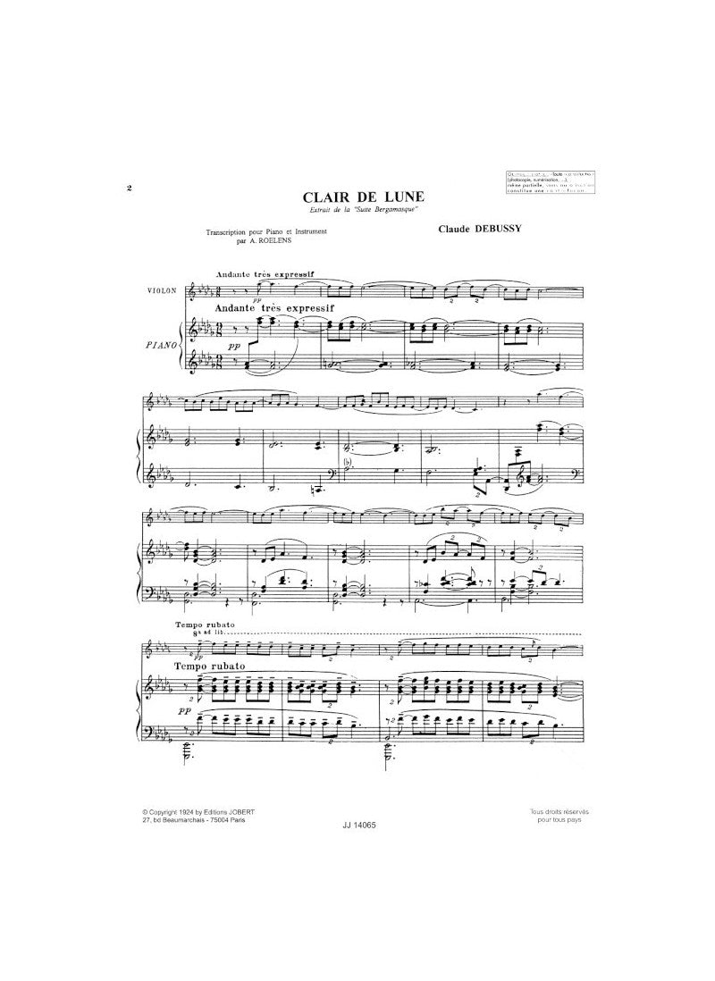Debussy Clair de lune for Violin and piano [JJ14065]