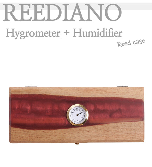 Reediano Handmade Wood Resin Reed Case for Clarinet & Saxophone – Holds 10–12 Reeds (Red Resin · Built-in Hygrometer)