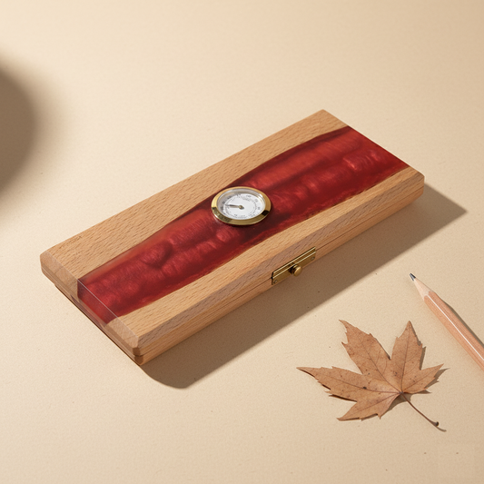 Reediano Handmade Wood Resin Reed Case for Clarinet & Saxophone – Holds 10–12 Reeds (Red Resin · Built-in Hygrometer)