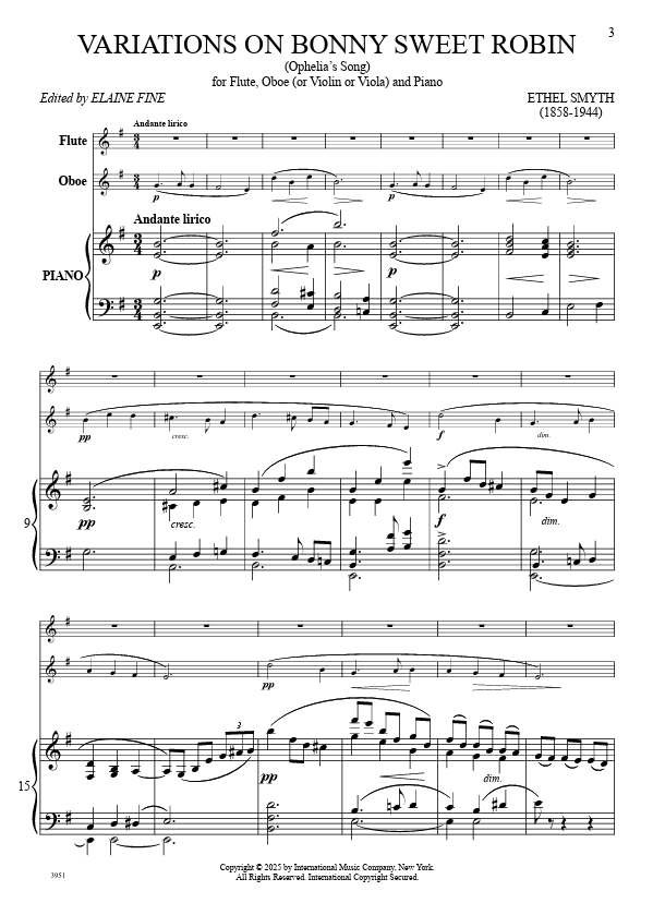 Smyth Variations on Bonny Sweet Robin (Ophelia's Song), for Flute, Oboe (or Violin or Viola) and Piano [IMC3951]