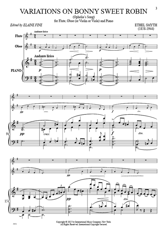 Smyth Variations on Bonny Sweet Robin (Ophelia's Song), for Flute, Oboe (or Violin or Viola) and Piano [IMC3951]