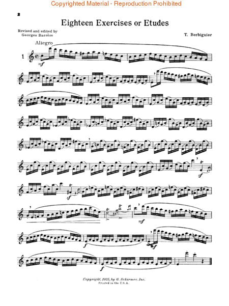 Berbiguier Eighteen Exercises or Etudes - Flute 50259650